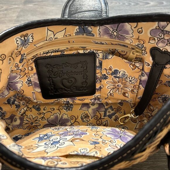 Brighton Debbie Black Tan Woven Leather Shoulder Bag Braided Handles Preppy - Picture 9 of 12